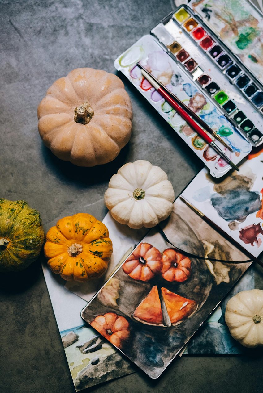 pumpkins and watercolor supplies