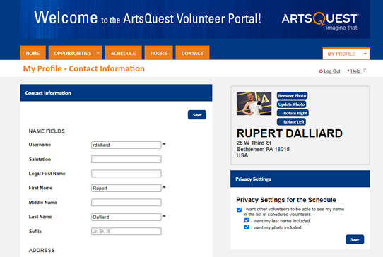 screenshot of volunteer portal settings