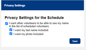 volunteer portal settings save screen