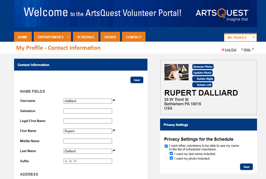 Screenshot of Volunteer Portal my profile section